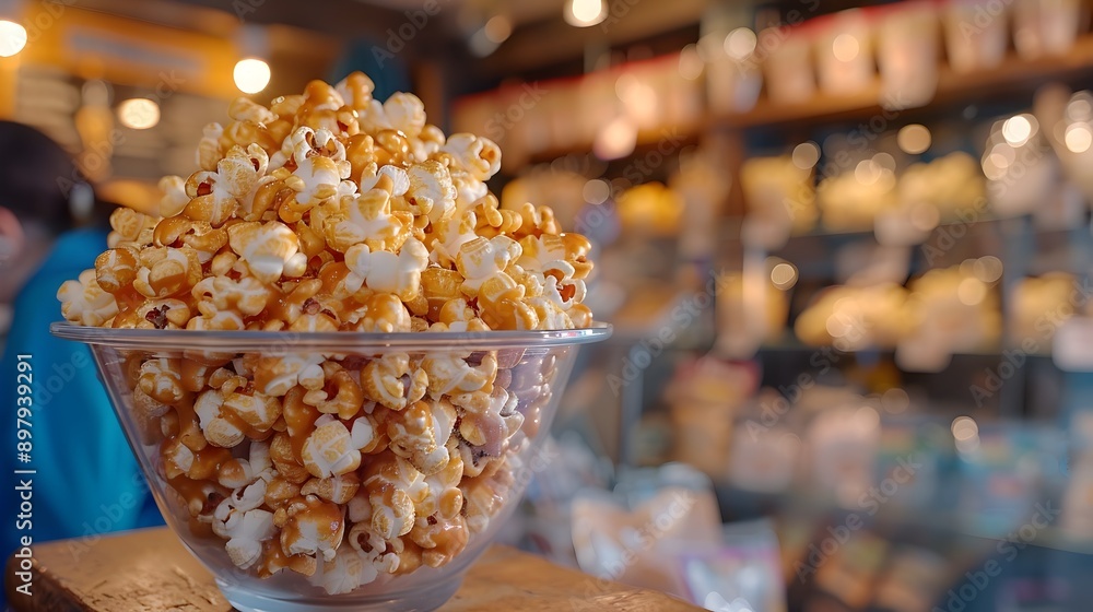 Defocused View of Popcorn Shop with Customers Buying Sweet and Savory Snacks