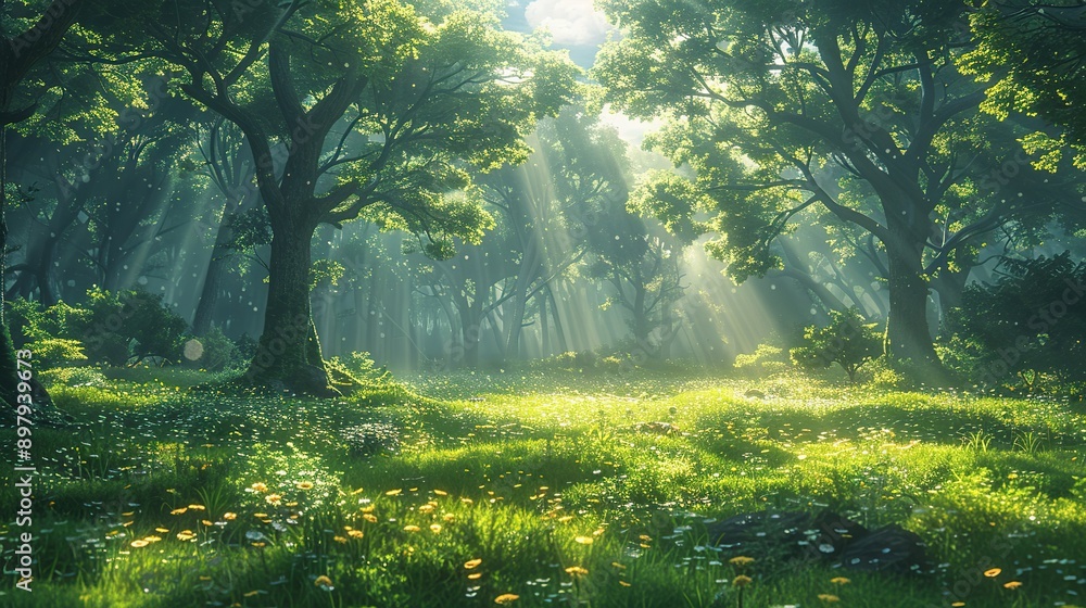 Obraz premium Serene Greenery and Sunlight Through the Forest