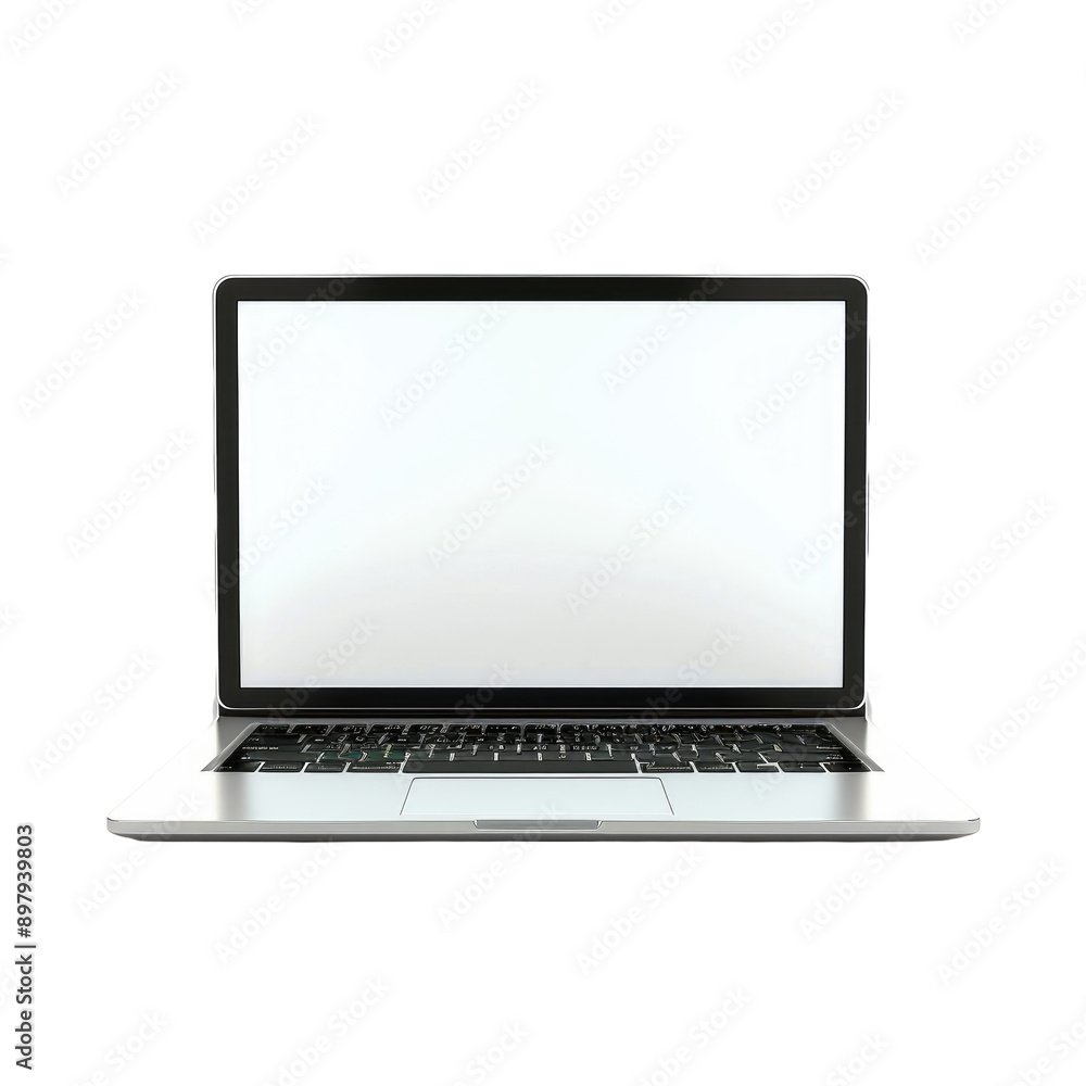 Front view of a moder generic silver laptop with a blank white screen and isolated on a white background Front view of a moder generic silver laptop with a blank white screen and isolated on a white background