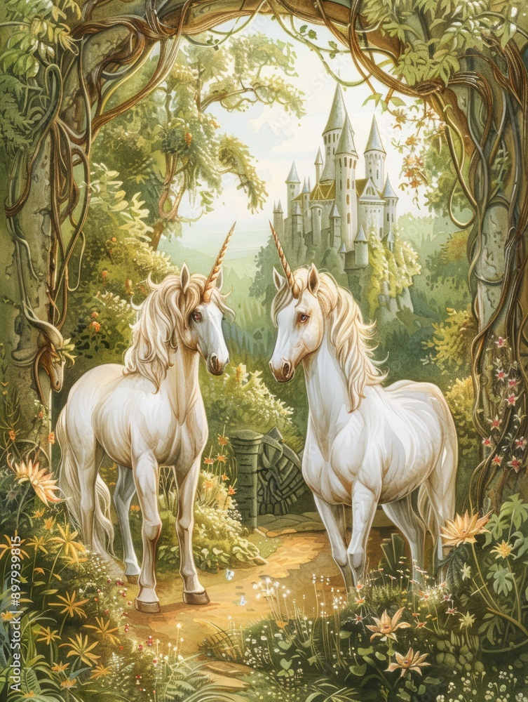 Enchanting Whimsical Children’s Book Illustration with Unicorns and Castle in Magical Forest Enchanting Whimsical Children’s Book Illustration with Unicorns and Castle in Magical Forest