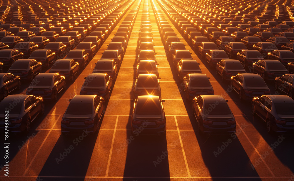 Obraz premium Rows of parked cars at sunset with a golden glow.