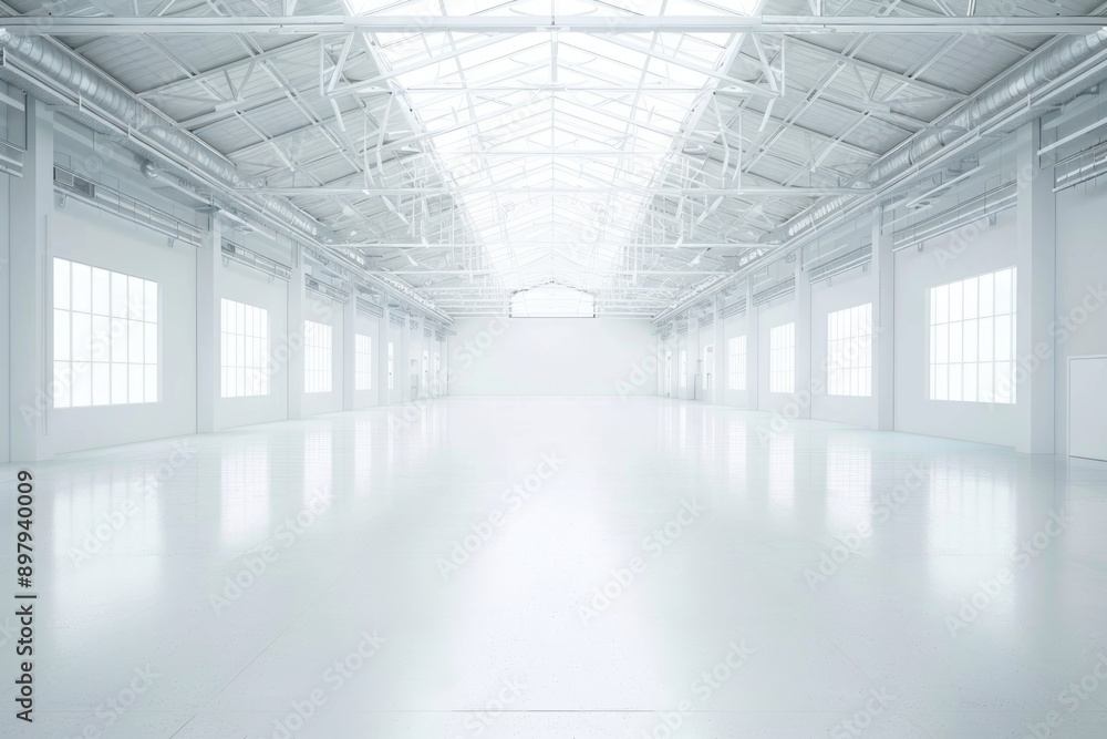 Empty modern white warehouse with a spacious interior and clean white background Empty modern white warehouse with a spacious interior and clean white background