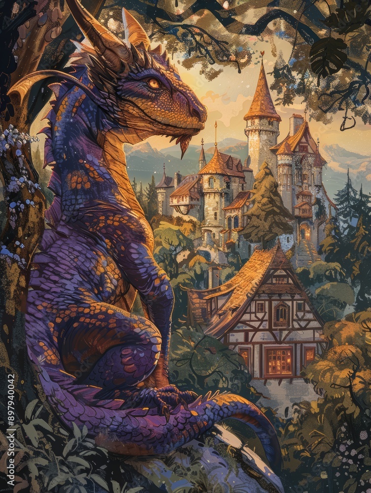 Fototapeta premium Enchanting Dragon in a Whimsical Fairytale Forest with Magical Castle - Perfect for Children's Book Illustrations