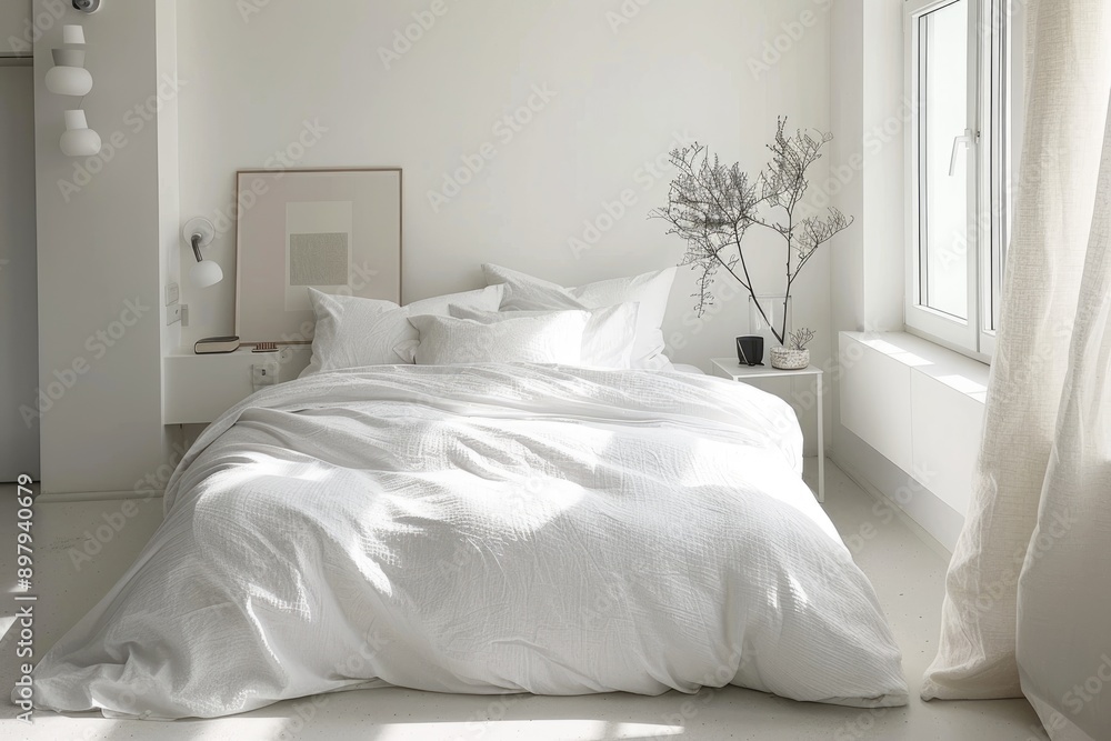 Cozy white bedroom with minimal design, soft bedding, and natural light Cozy white bedroom with minimal design, soft bedding, and natural light