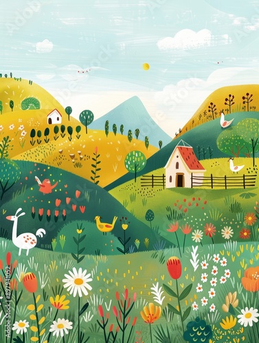 Whimsical Children's Book Illustration of a Colorful Countryside with Animals and Flowers