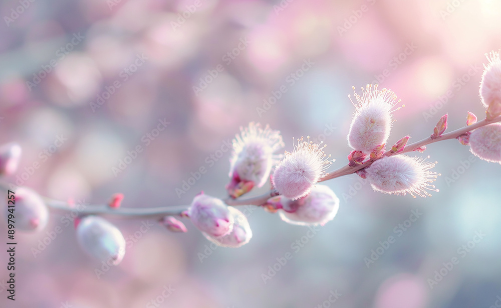 Soft focus close-up of pussy willow branches with fluffy catkins.