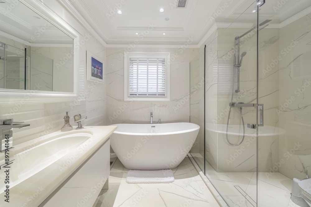 Elegant and spacious white bathroom with a modern aesthetic Elegant and spacious white bathroom with a modern aesthetic