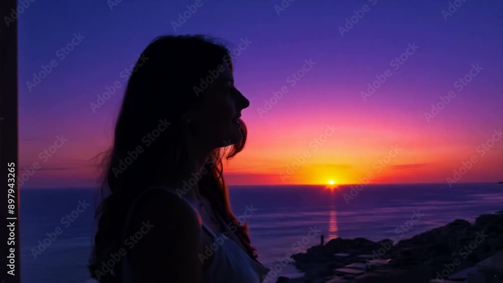 Beautiful woman standing by the window with a view of the sea during sunset. Beautiful woman standing by the window with a view of the sea during sunset.