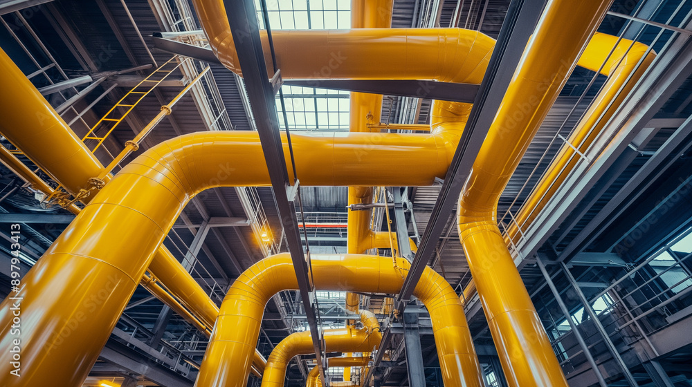 Industrial scene with large yellow pipes inside a factory. Industrial scene with large yellow pipes inside a factory.