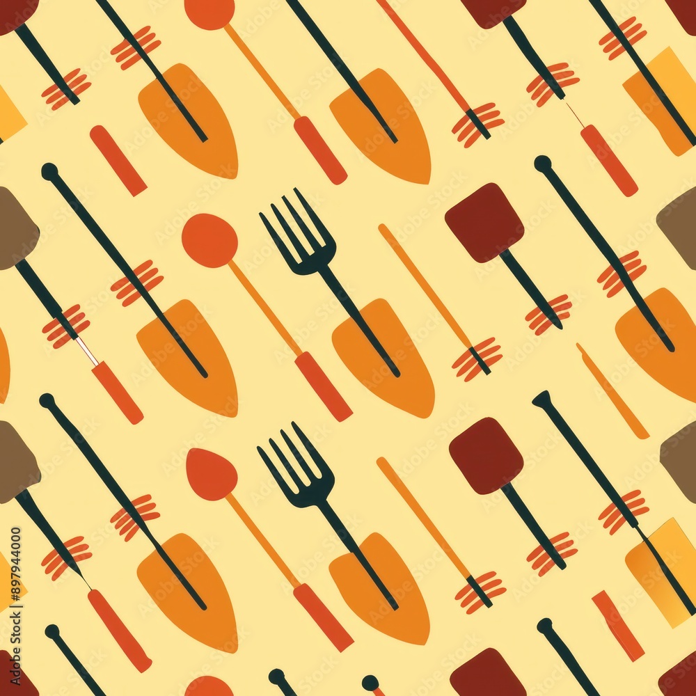 Obraz premium Seamless pattern of farmyard tools like pitchforks and shovels, Generative AI