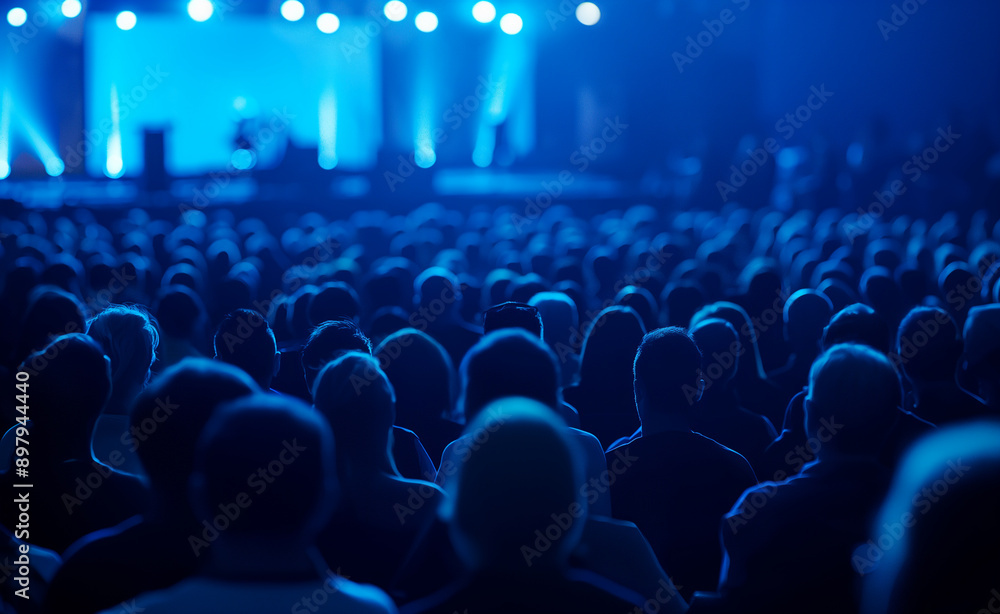 Obraz premium Audience attending a conference with blue lighting and large screens.