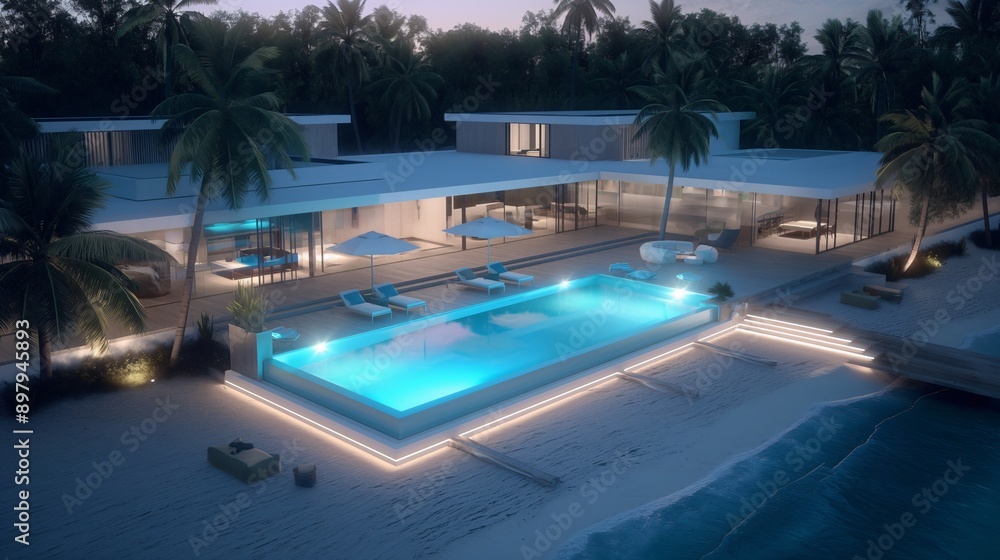 Fototapeta premium Tropical Paradise Retreat: Luxurious oceanfront villa with illuminated pool at twilight. 