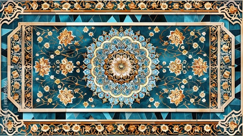 Ceramic Tile Mosaic: Traditional Persian Design with Geometric Ornaments in Blue, Cyan, Brown, and White - Text Mock-Up Template