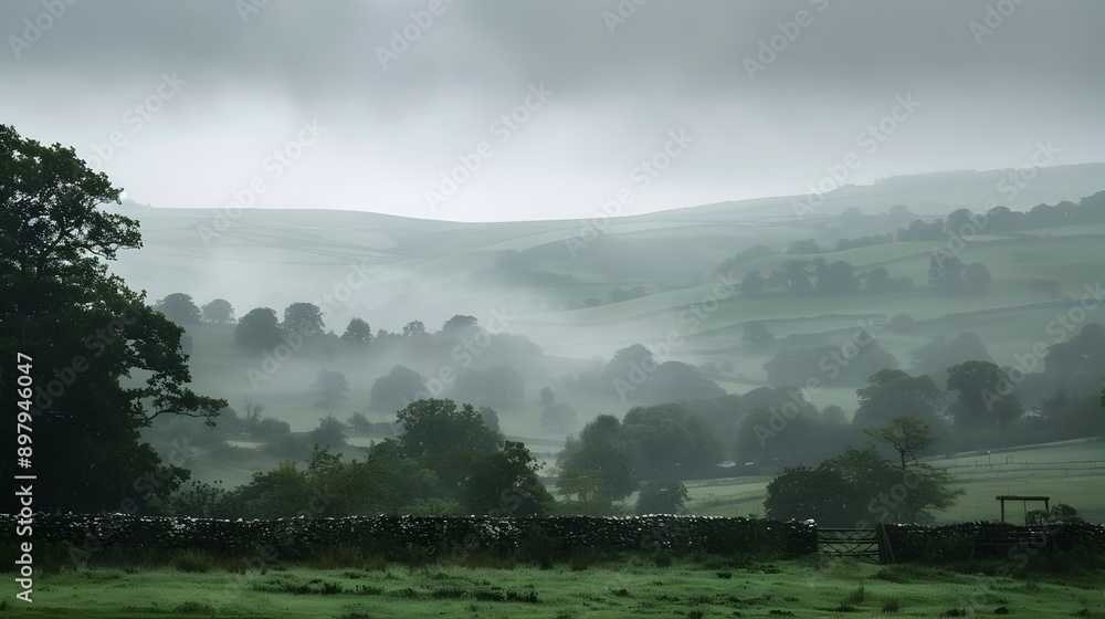 Obraz premium Misty Countryside Landscape with Autumn Hills and Rainy Atmosphere