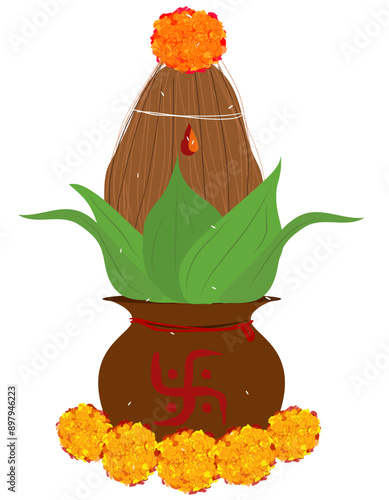 Indian Festival Kalash Puja Samagri Kalash, mango leaNavratri Kalash sthapana and Puja. Indian Hindu traditional mangal Kalash of god and goddess worship. Decorated Kalash pot with coconut and flowers