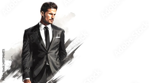 Stylish man in a charcoal sketch, donning a sleek, tailored suit, bold lines emphasizing sharp features, dynamic posture, fashion-forward photo