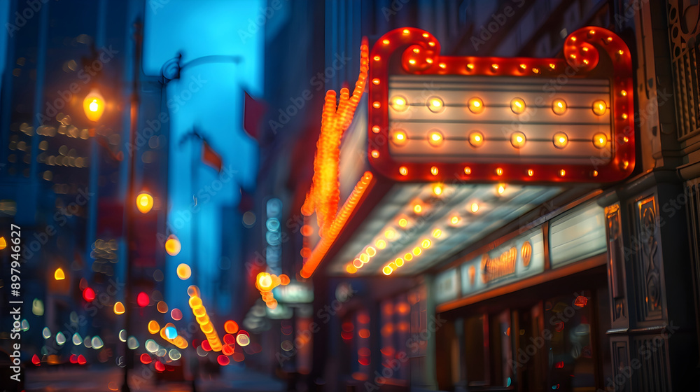 Fototapeta premium Dazzling Marquee of a Chicago Theater Lit Up at Night with Blurred Urban Background
