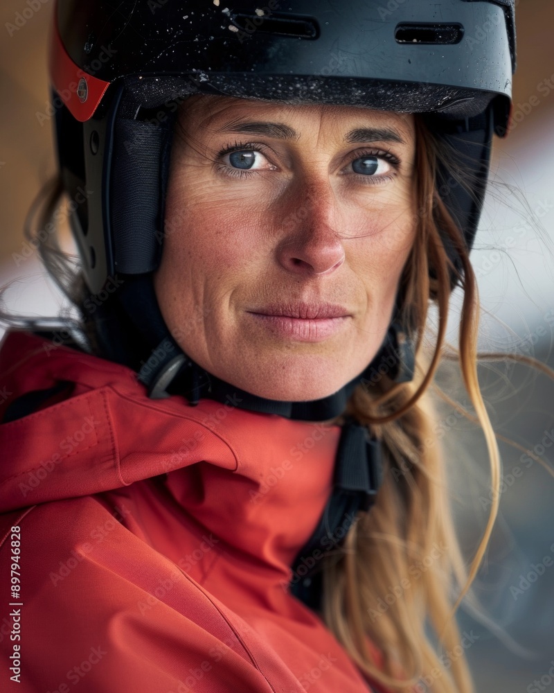 Mid age woman wearing skateboard or bike helmet portrait Mid age woman wearing skateboard or bike helmet portrait