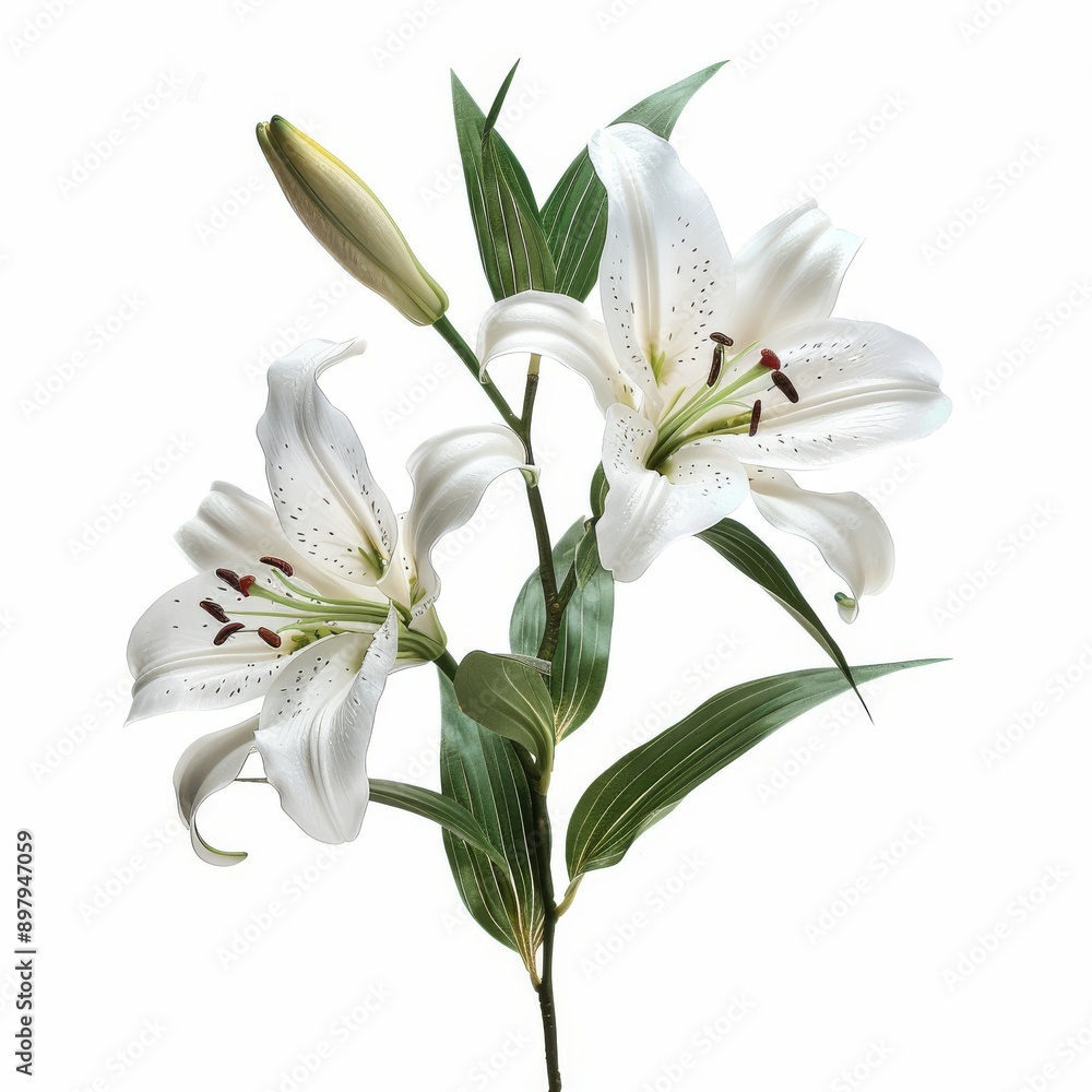 A Sprig of White Lily Flower on White Background A Sprig of White Lily Flower on White Background