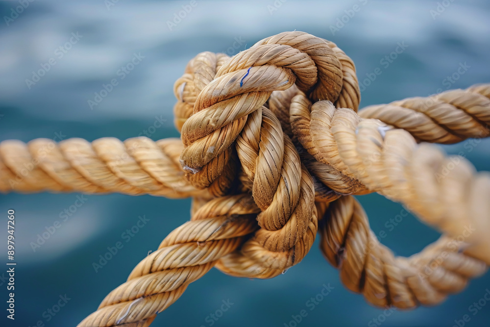 Thick brown rope tied in a marine knot Thick brown rope tied in a marine knot