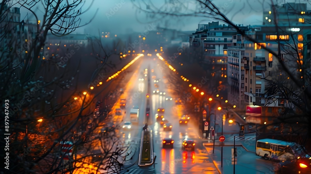 Rainy Evening Cityscape with Glowing Streetlights and Reflections Rainy Evening Cityscape with Glowing Streetlights and Reflections