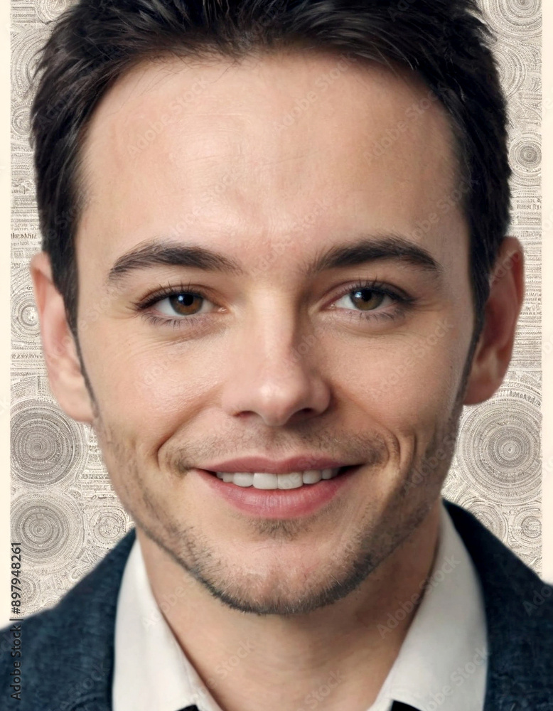 Fototapeta premium Young man smiling in a white shirt and blue jacket