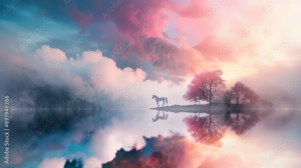 Obraz premium Mystical landscape of a serene lake, shrouded in magical mist, with mythical creatures like unicorns and fairies, calm waters reflecting an airy sky