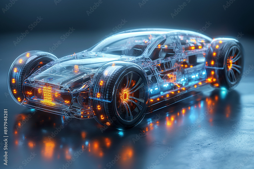 Futuristic electric vehicle in wireframe concept, EV car in futuristic vehicle concept. Futuristic electric vehicle in wireframe concept, EV car in futuristic vehicle concept.