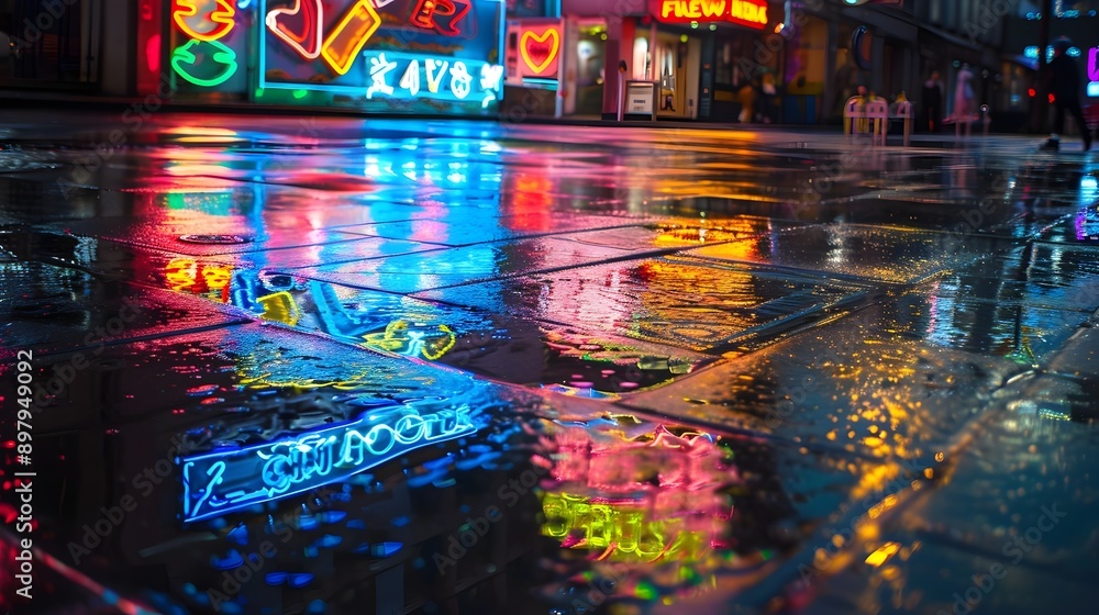 Vibrant Neon Reflections Illuminating Wet Pavement in Rainy Urban Nightscape Vibrant Neon Reflections Illuminating Wet Pavement in Rainy Urban Nightscape