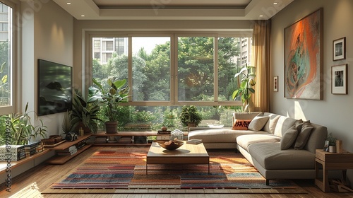 Minimalist living space with a coffee table geometric rug and sleek sofa neutral tones natural light digital painting © Tonpoht