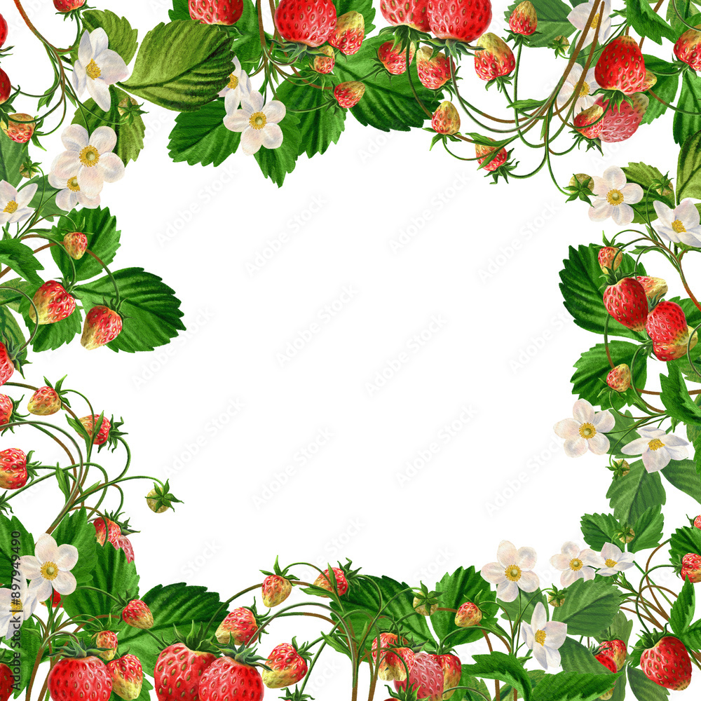 Fototapeta premium Square frame with red ripe strawberry Bushes all around