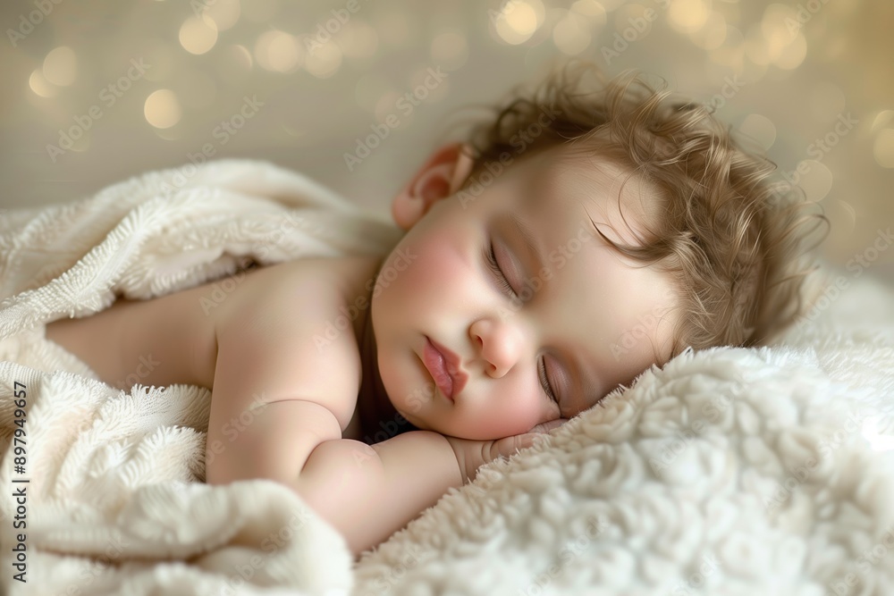 A peaceful baby sleeping soundly on a white blanket A peaceful baby sleeping soundly on a white blanket