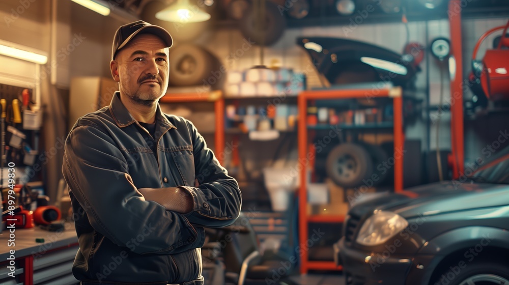 A confident mechanic standing in an auto repair shop, with tools and a car in the background, showcasing expertise and professionalism. A confident mechanic standing in an auto repair shop, with tools and a car in the background, showcasing expertise and professionalism.