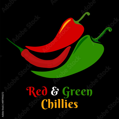 Red and Green fresh Chilli peppers, chilli realistic design, isolated on black background, Chilli pepper vector illustration logo icon clip art, Red and green hot natural chilli pepper pod realistic