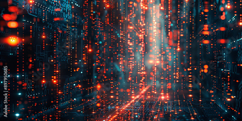 A high-tech digital matrix with glowing green and red code, creating a futuristic and cyberpunk aesthetic. This abstract design immerses viewers in a virtual, sci-fi digital landscape.