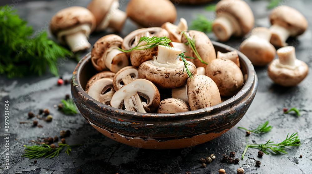 Fototapeta premium Mixed mushrooms arranged in a rustic bowl, set in a natural environment, showcasing their detailed texture