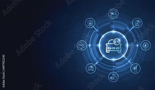 EV. Electric car connect with icons technology digital circuit on blue background. Eco power, EV charger, alternative energy, rechargeable battery, auto industry, future technology. vector.