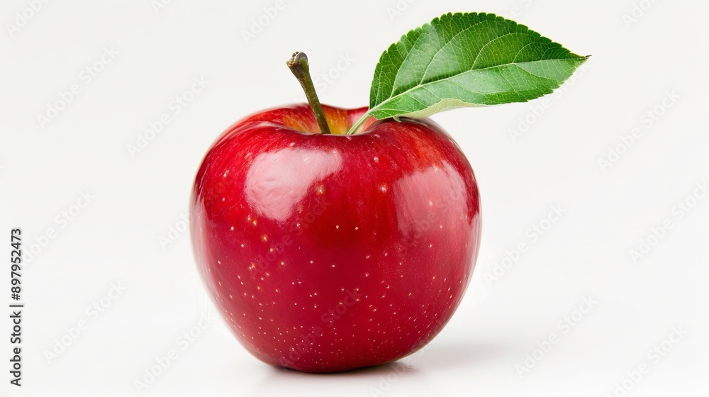 Vivid red apple with a small leaf attached, isolated on a white background, showcasing its glossy surface and natural color Vivid red apple with a small leaf attached, isolated on a white background, showcasing its glossy surface and natural color