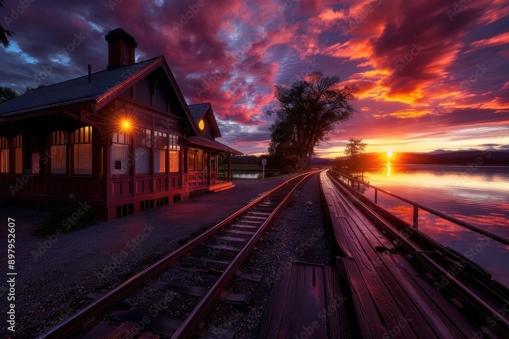 Sunset Railhouse, Railroad station by a lake at sunset, Tranquil Evening Scene Sunset Railhouse, Railroad station by a lake at sunset, Tranquil Evening Scene