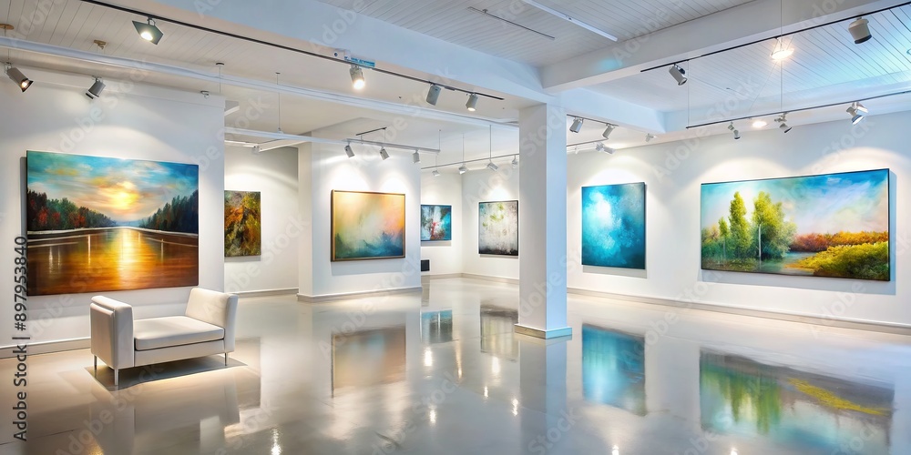 Contemporary art gallery featuring stunning oil paintings and abstract works of art adorn minimalist white walls, creating a serene and sophisticated atmosphere. Contemporary art gallery featuring stunning oil paintings and abstract works of art adorn minimalist white walls, creating a serene and sophisticated atmosphere.