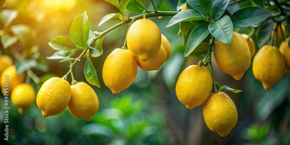 Ripened lemons hang from a lush green tree, surrounded by dark green leaves, against a blurred natural background, showcasing fresh citrus fruit in its natural habitat. Ripened lemons hang from a lush green tree, surrounded by dark green leaves, against a blurred natural background, showcasing fresh citrus fruit in its natural habitat.