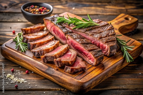 Wallpaper Mural Modern style traditional barbecue dry aged wagyu porterhouse beef steak bistecca alla Fiorentina sliced and served as close up on a wooden design board. Creative Banner. Copyspace image Torontodigital.ca