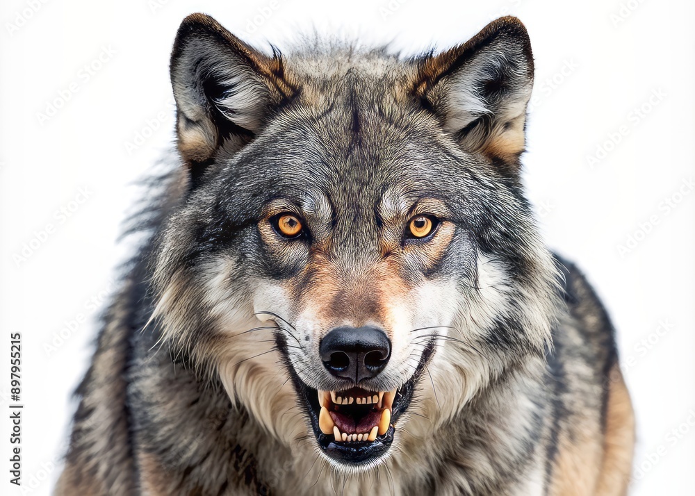 Obraz premium Fierce and intimidating grey wolf with sharp teeth and glowing eyes, fur standing on end, growls menacingly, isolated on a clean white studio background.