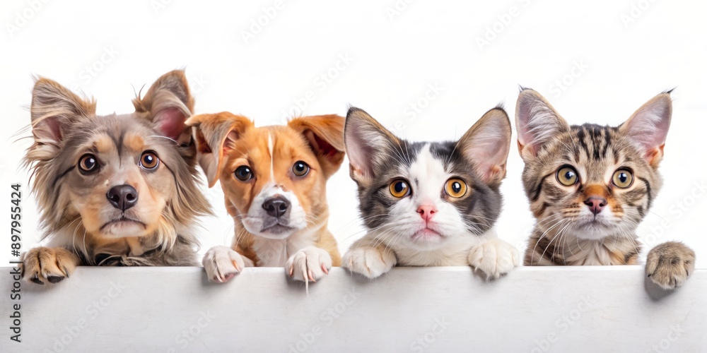 Adorable cats and dogs peek out from behind a blank white poster on a clean white background, perfect for pet shop or veterinary clinic advertising. Adorable cats and dogs peek out from behind a blank white poster on a clean white background, perfect for pet shop or veterinary clinic advertising.