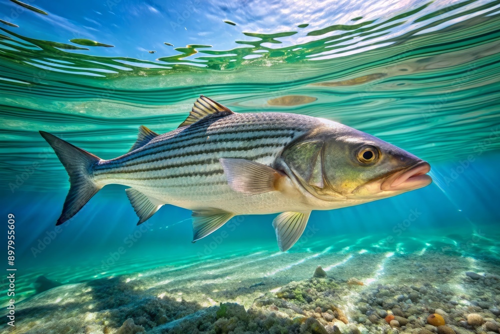 A large striped bass fish swims in clear turquoise water, its sleek silver body with horizontal stripes gleaming in the sunlight filtering down from above. A large striped bass fish swims in clear turquoise water, its sleek silver body with horizontal stripes gleaming in the sunlight filtering down from above.