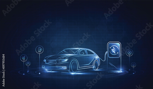 EV. Electric car connect to charging station on blue background. Eco power, EV charger, alternative energy, rechargeable battery, auto industry, future technology. vector.