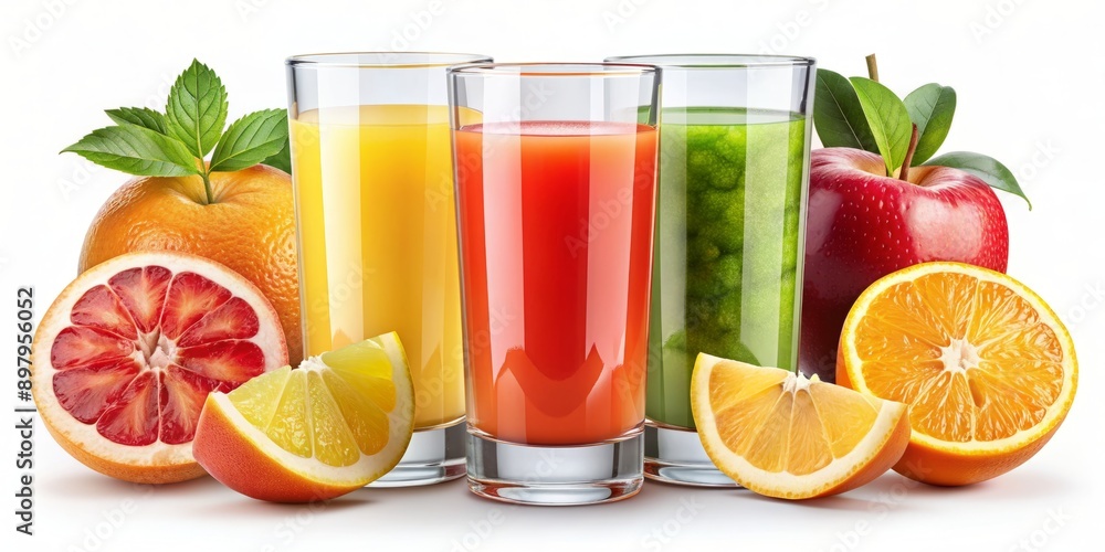 Vibrant colorful set of refreshing glasses filled with assorted fruit juices, such as orange, apple, and grapefruit, isolated on a transparent background. Vibrant colorful set of refreshing glasses filled with assorted fruit juices, such as orange, apple, and grapefruit, isolated on a transparent background.