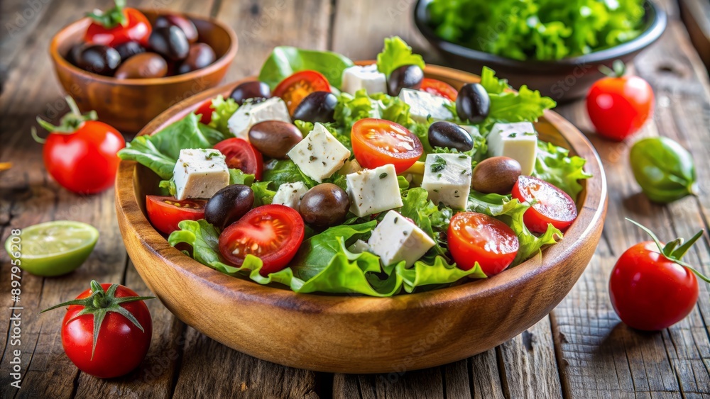 Fresh green Greek lettuce leaves mixed with crumbly white feta cheese, cherry tomatoes, and olives, served in a rustic wooden bowl on a natural background. Fresh green Greek lettuce leaves mixed with crumbly white feta cheese, cherry tomatoes, and olives, served in a rustic wooden bowl on a natural background.