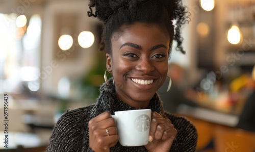 A smiling woman with curly hair enjoys a hot beverage in a cozy setting, exuding warmth and relaxation.