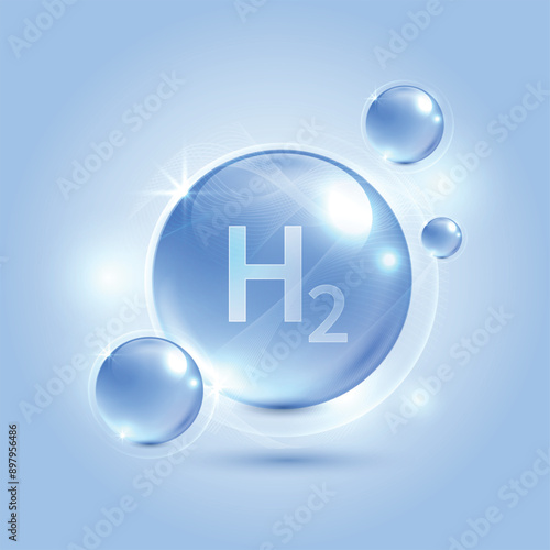 Hydrogen H2 production. renewable energy source. renewable Eco energy. hydrogen energy powered by renewable electricity with water molecule in transparent style. vector design.